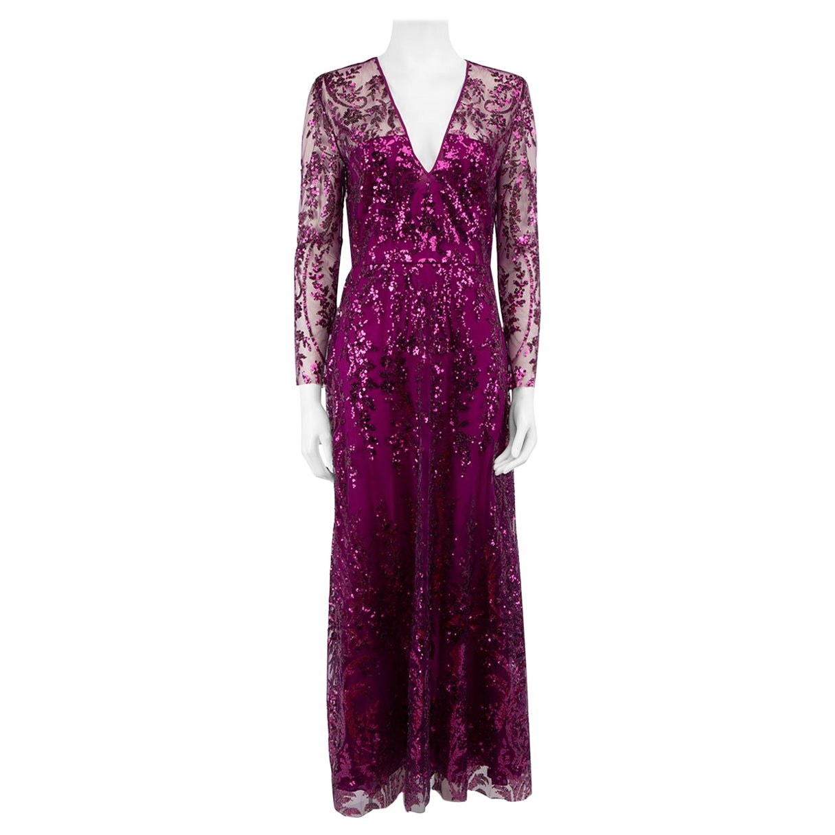 Naeem Khan Purple Sequinned V-Neck Long Gown Size M