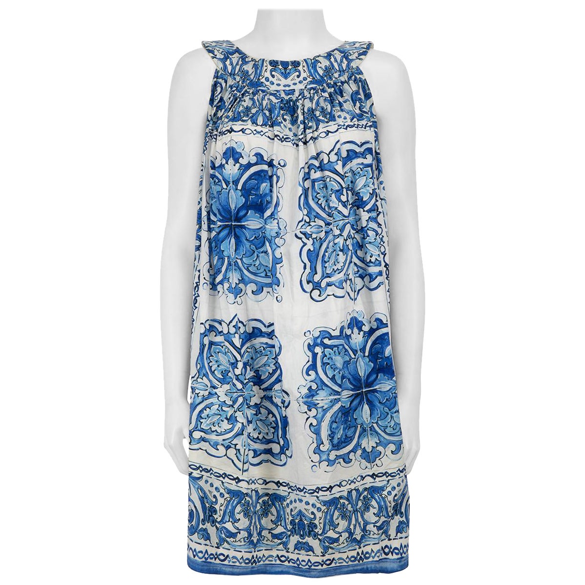 Dolce & Gabbana Blue Tiled Print Mini Dress Size XL For Sale