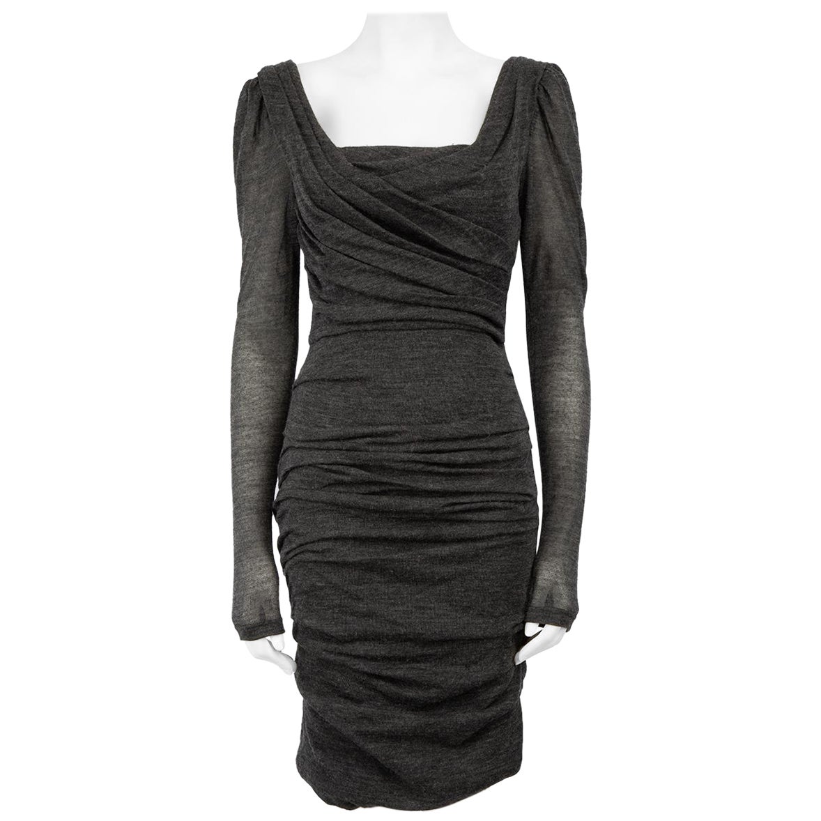 Dolce & Gabbana Grey Wool Drape Neck Ruched Dress Size M For Sale