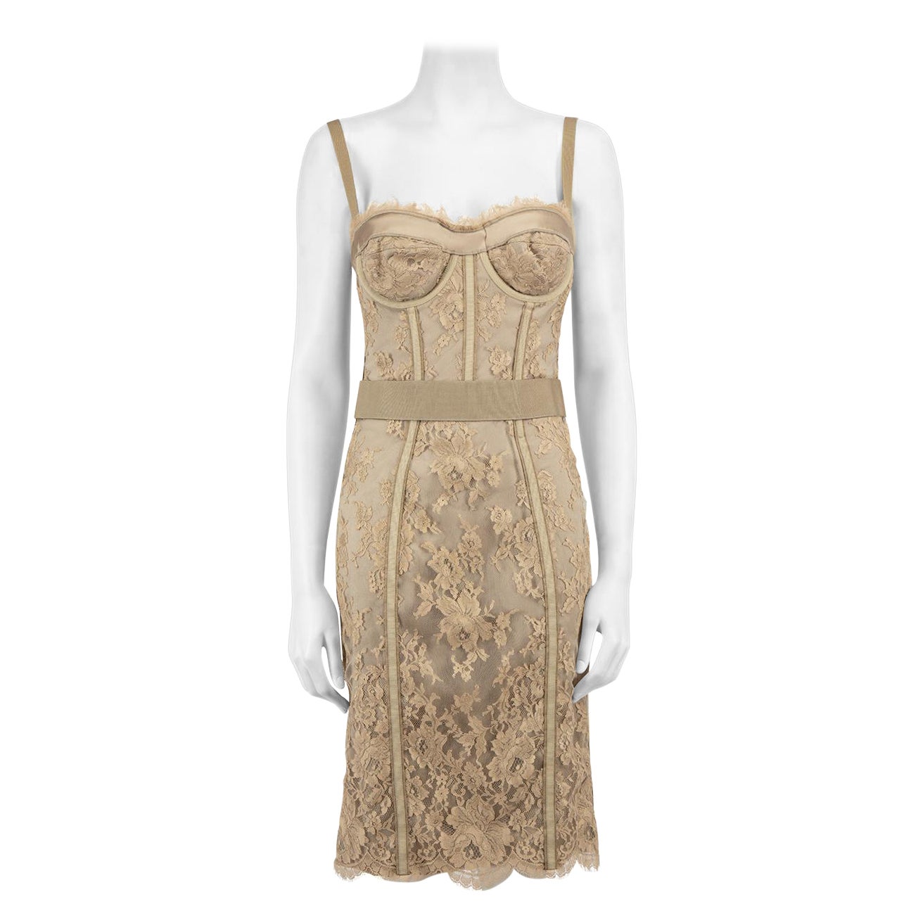Dolce & Gabbana Beige Lace Boned Midi Dress Size M For Sale