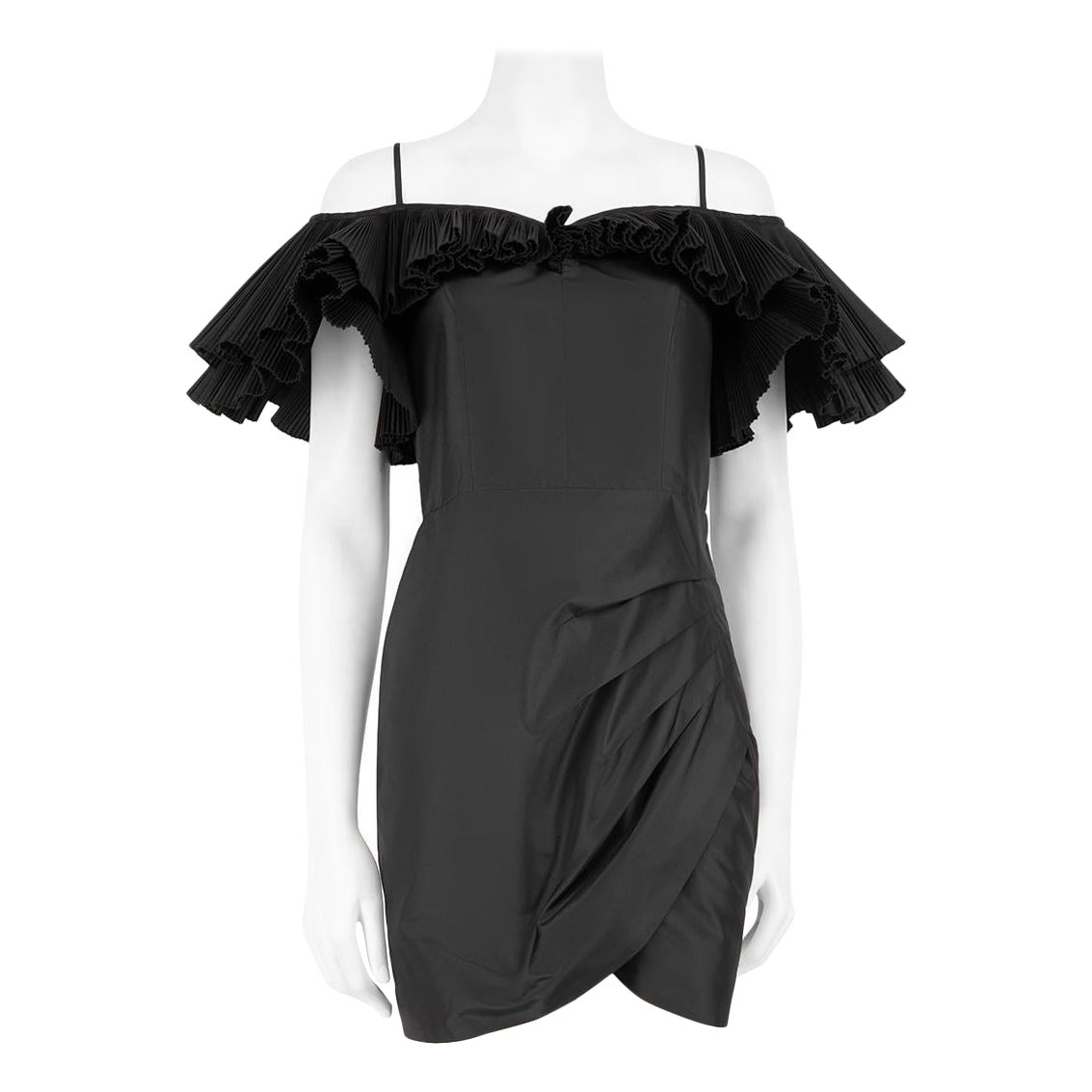 Alessandra Rich Black Pleated Ruffle Trim Dress Size S