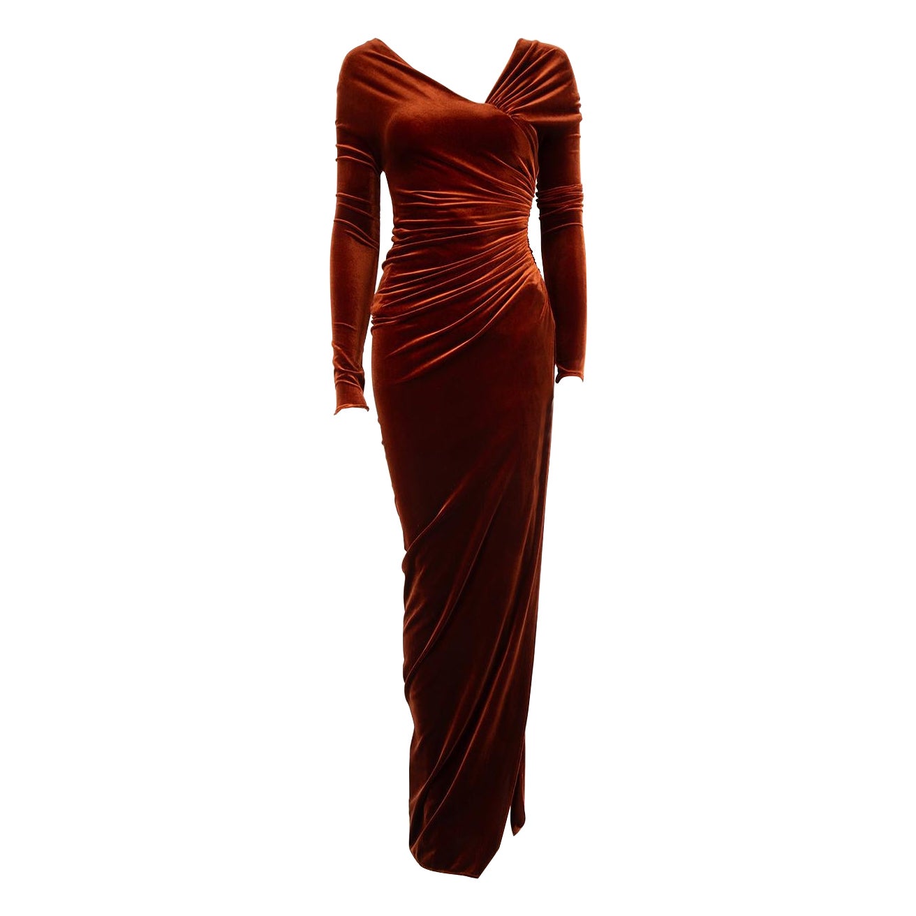 Alexandre Vauthier Brown Velvet Ruched Maxi Dress Size S For Sale
