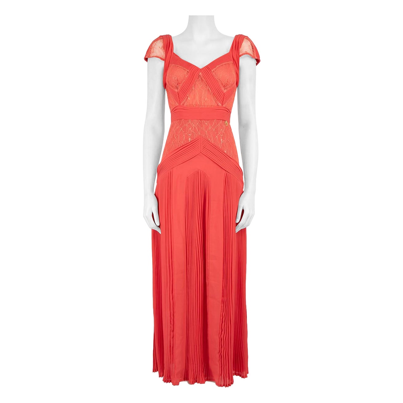Roberto Cavalli Cavalli Class Coral Lace Panel Pleated Gown Size S For Sale