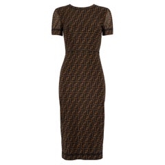 Used Fendi Brown FF Zucca Print Mesh Midi Dress Size XS