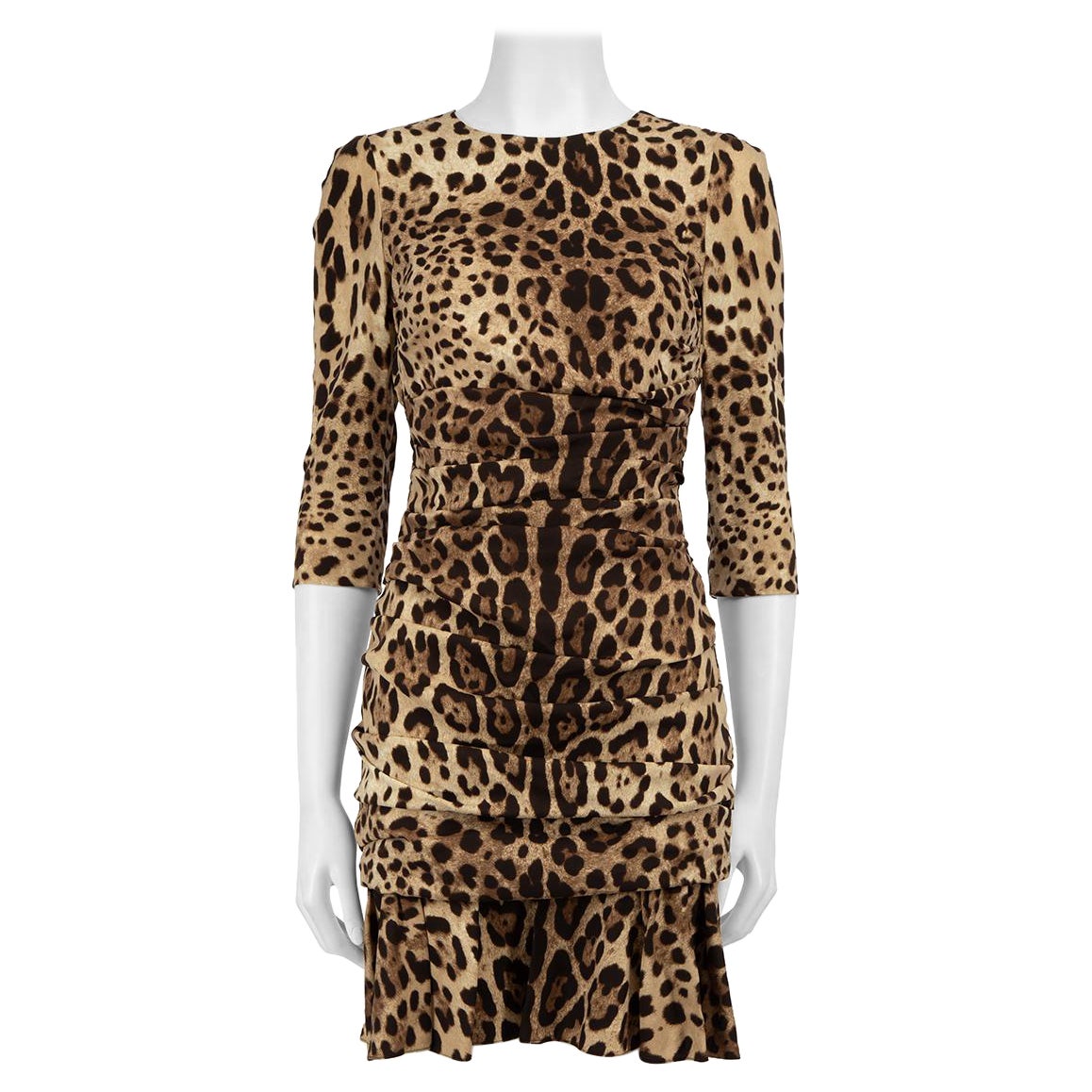 Dolce & Gabbana Brown Seide Leopard geraffte Kleid Größe S im Angebot