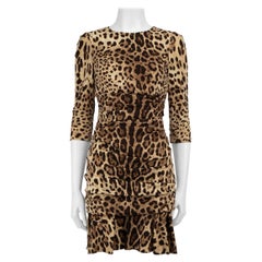 Dolce & Gabbana Brown Silk Leopard Ruched Dress Size S