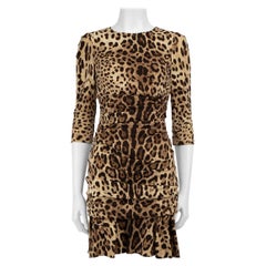 Dolce & Gabbana - Vestito increspato in seta marrone leopardato taglia S