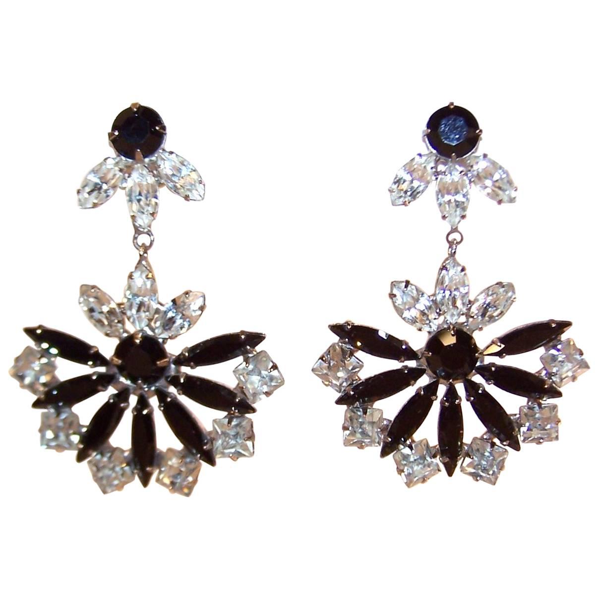 1970's Art Deco Inspired Black Rhinestone Dangle Earrings 