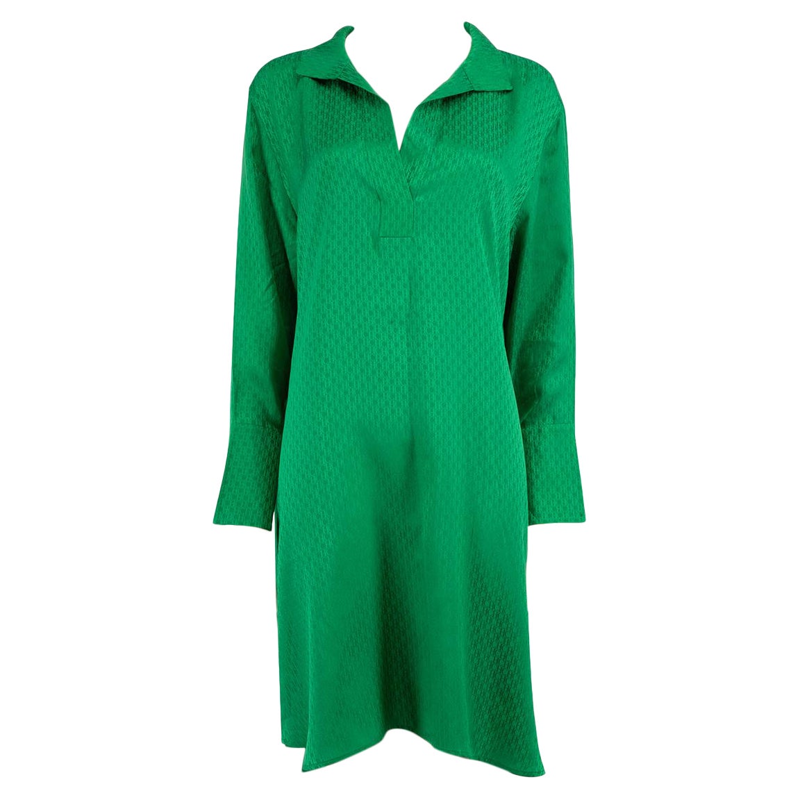 Carolina Herrera Green Logo Jacquard V-Neck Collar Dress Size M For Sale