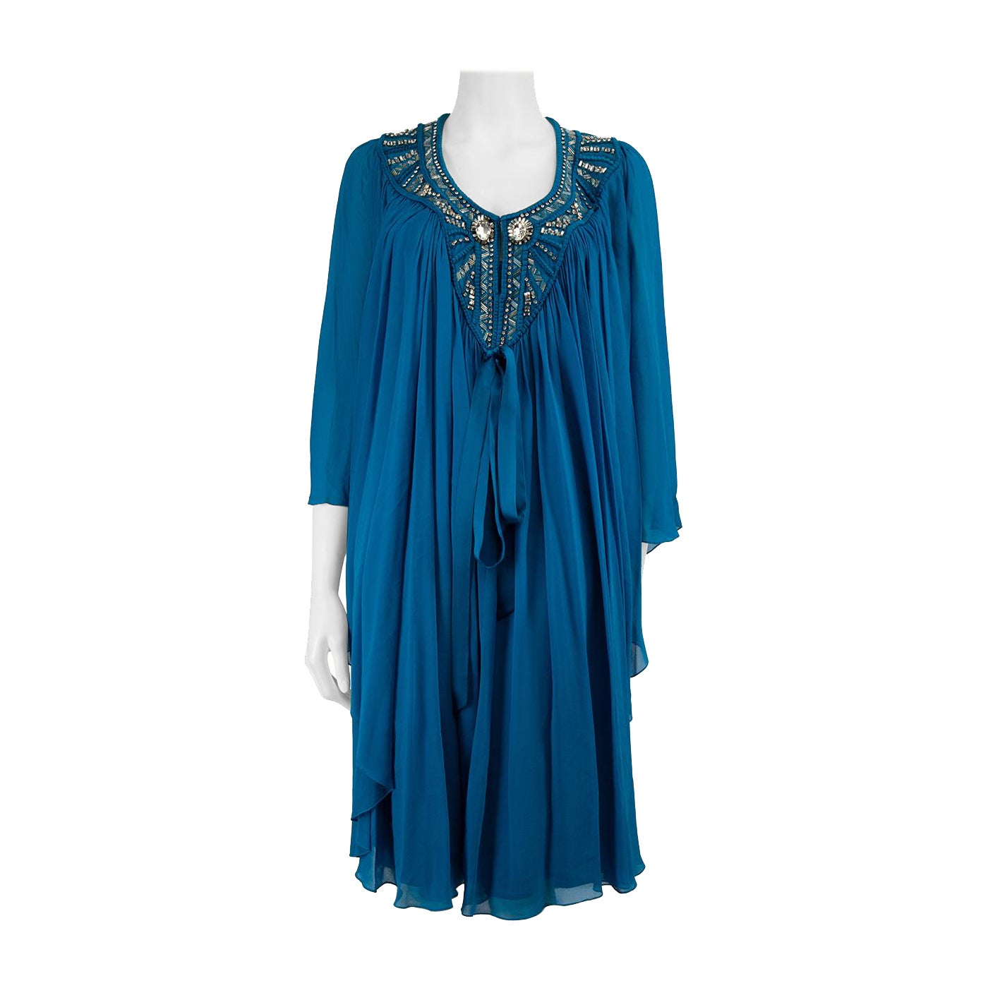 Temperley London Blue Silk Crystal Sequin Dress Size XL For Sale