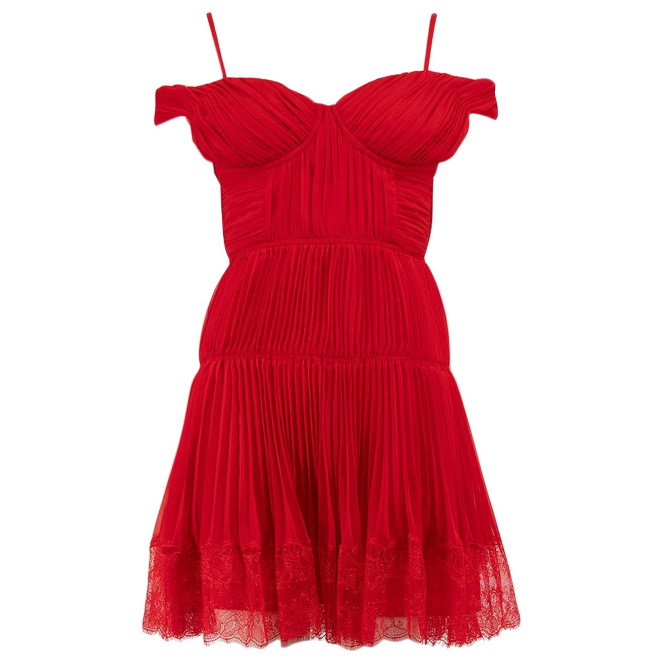 Self-Portrait Red Chiffon Pleat Detail Mini Dress Size S For Sale