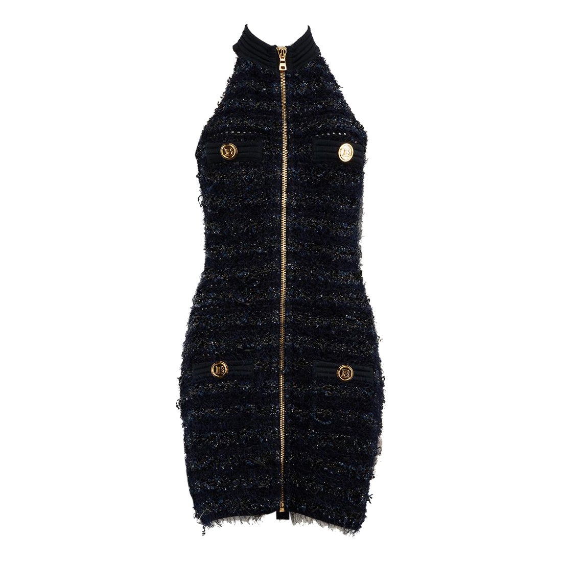 Balmain Navy Tweed Zip Front High Neck Dress Size M For Sale
