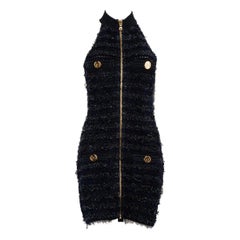 Balmain Navy Tweed Zip Front High Neck Dress Taille M