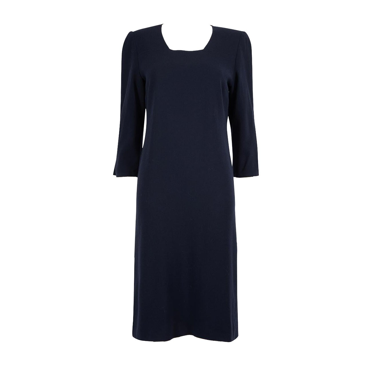 Jean Muir Navy Wool Square Neckline Midi Dress Size M For Sale