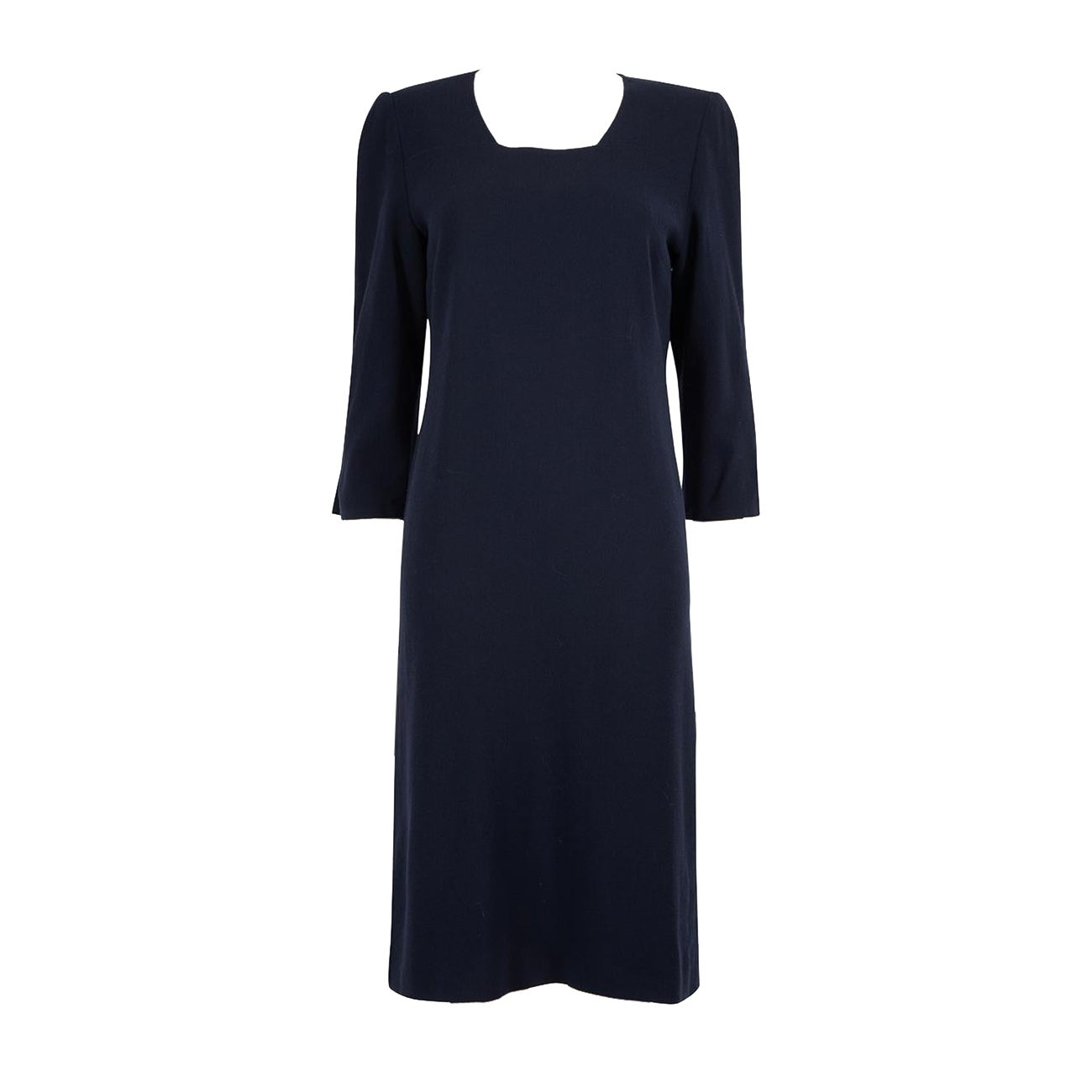 Jean Muir, vestito midi con scollo quadrato in lana blu, taglia M.