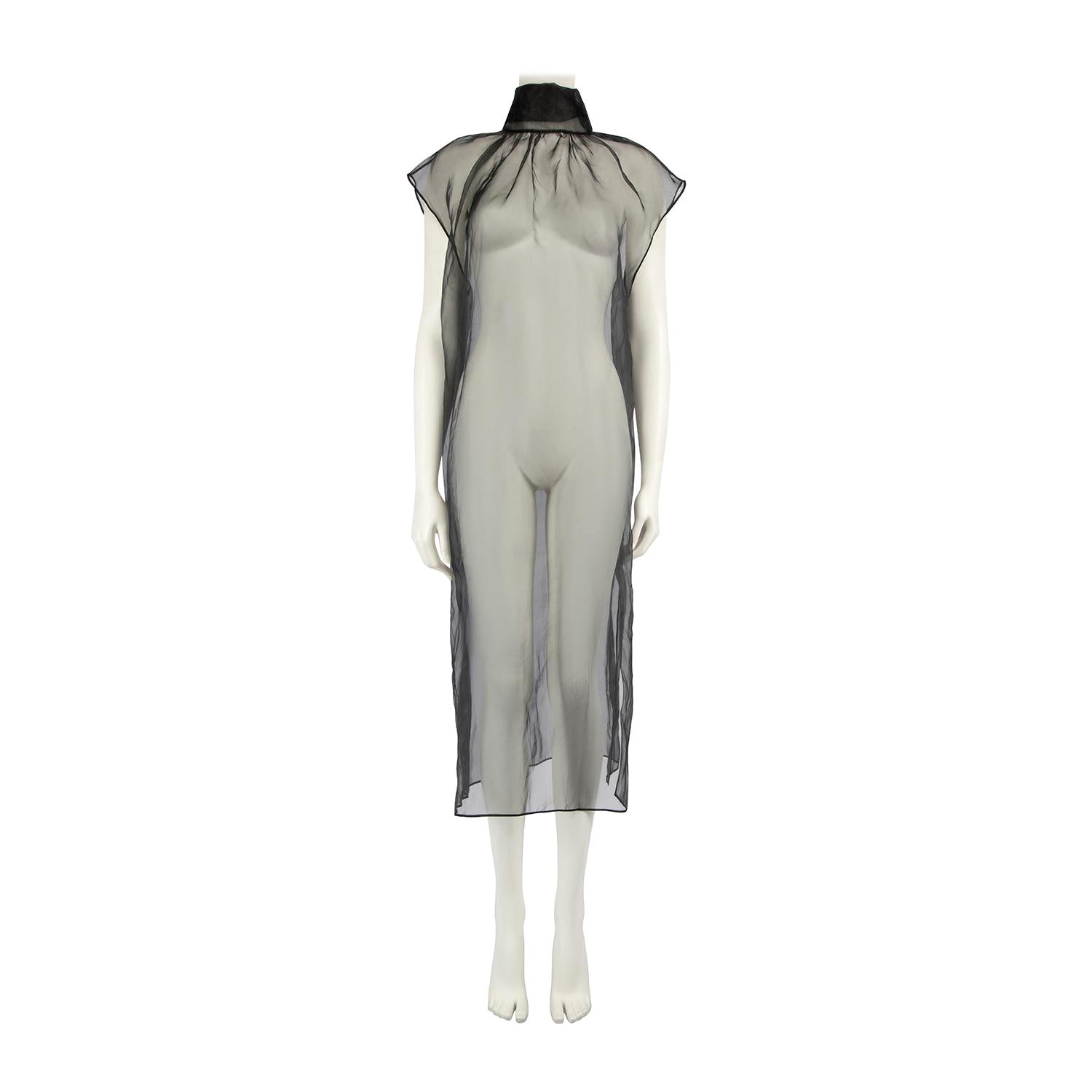 Prada Black Sheer Silk Mock Neck Midi Dress Size M For Sale