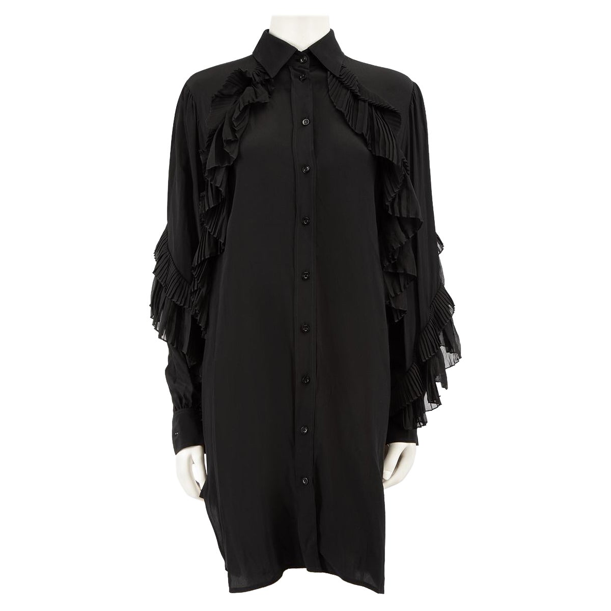Givenchy Black Silk Pleated Ruffle Shirt Dress Size M For Sale