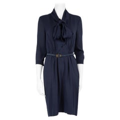 Used Burberry Navy Silk Pussy Bow Belted Dress Size S