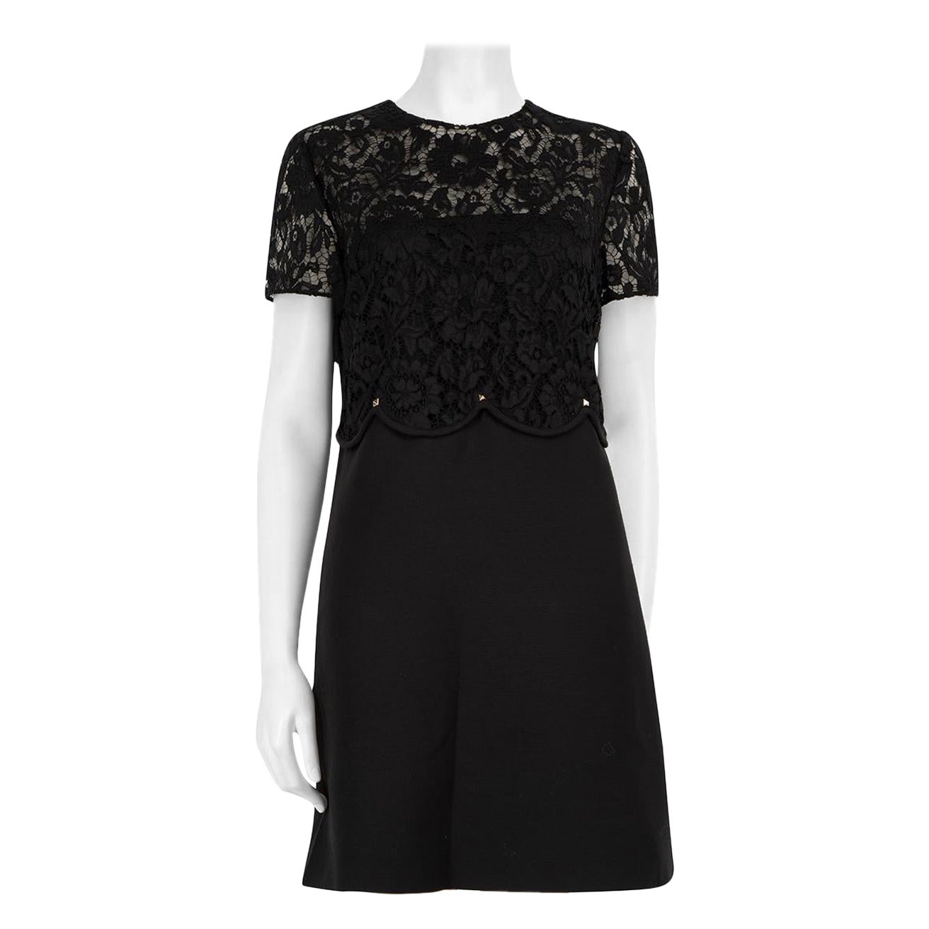 Valentino Black Wool Rockstud Lace Top Dress Size XL For Sale