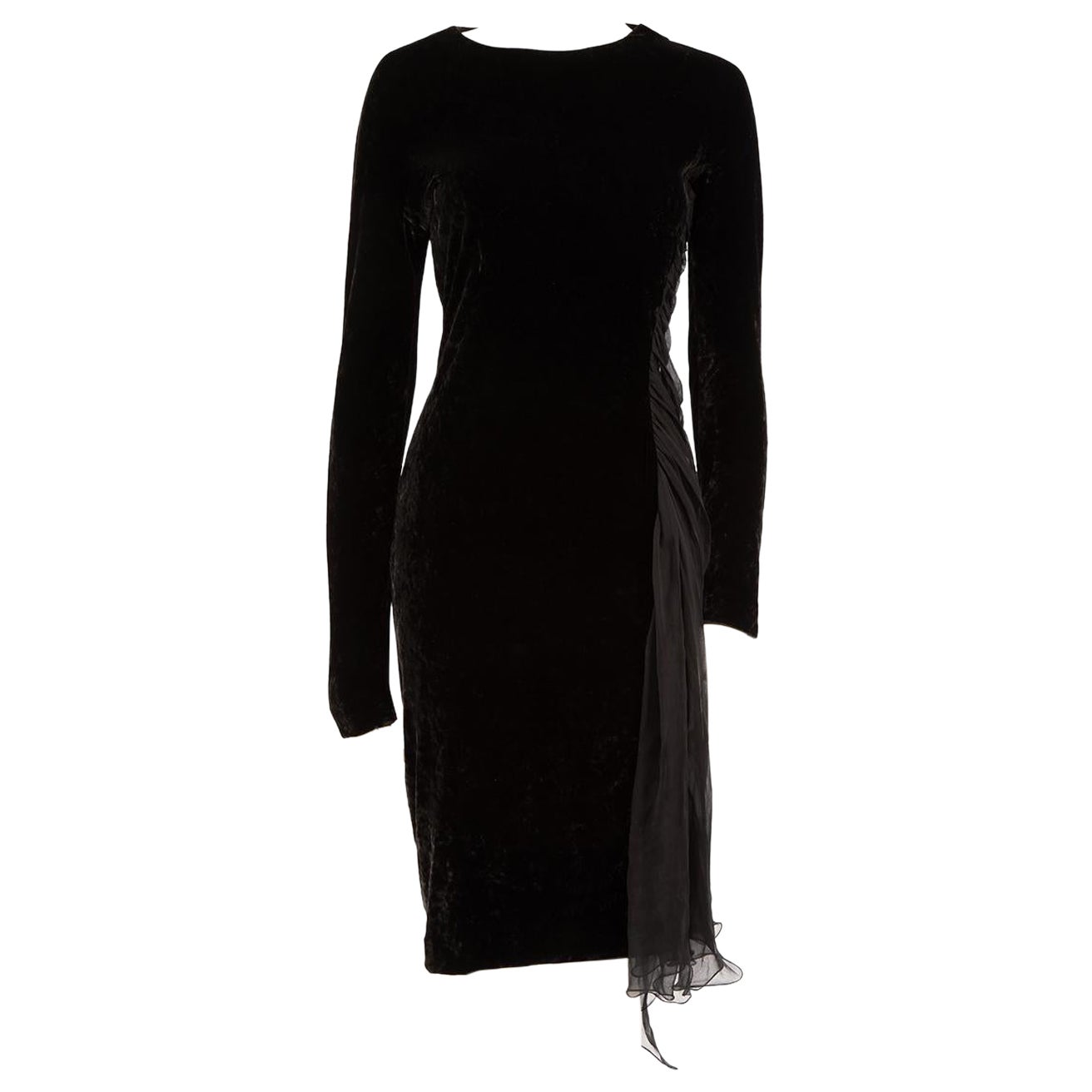 Versace Gianni Versace Vintage Black Velvet Ruched Midi Dress Size L For Sale