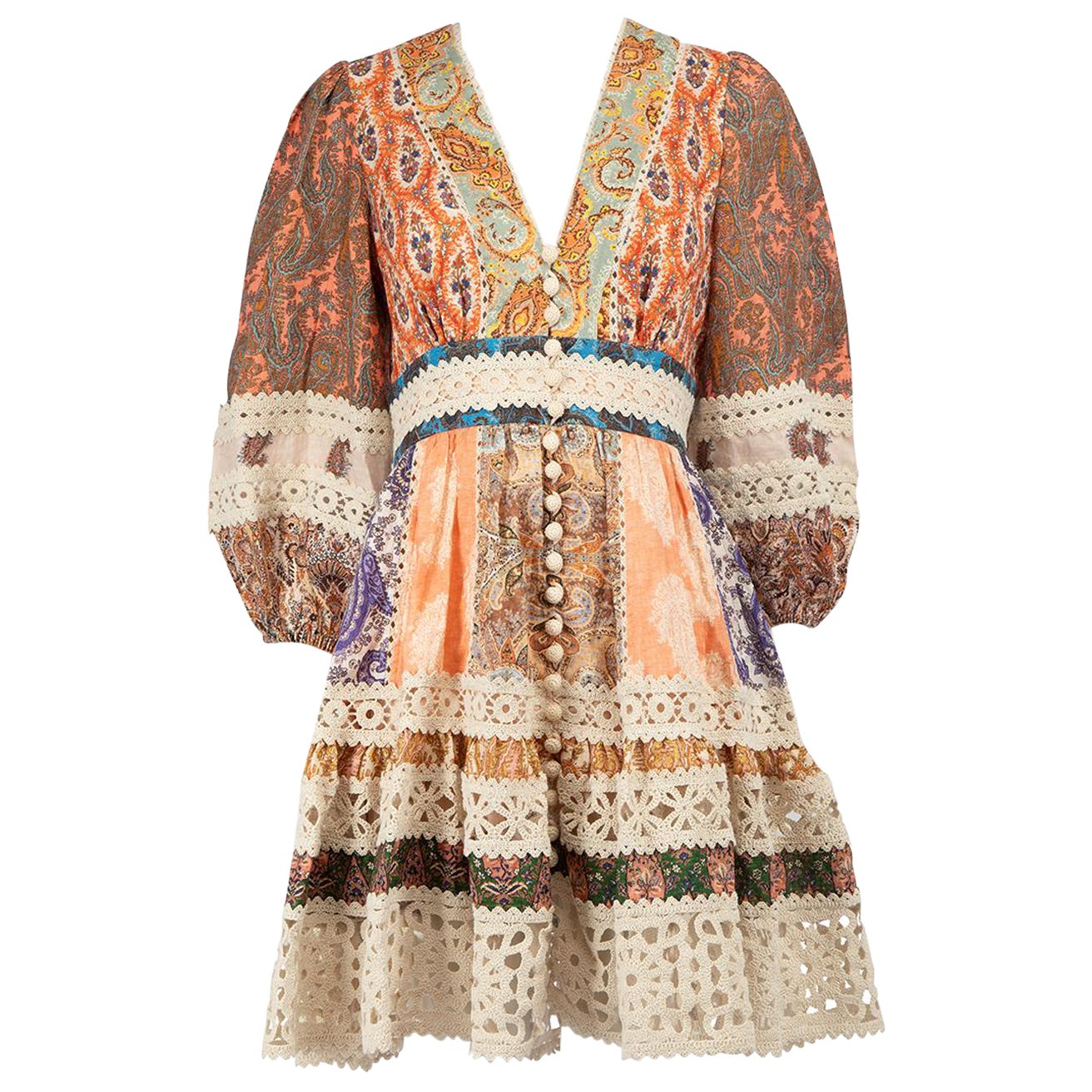 Zimmermann Devi Spliced Billow Linen Mini Dress Size M For Sale