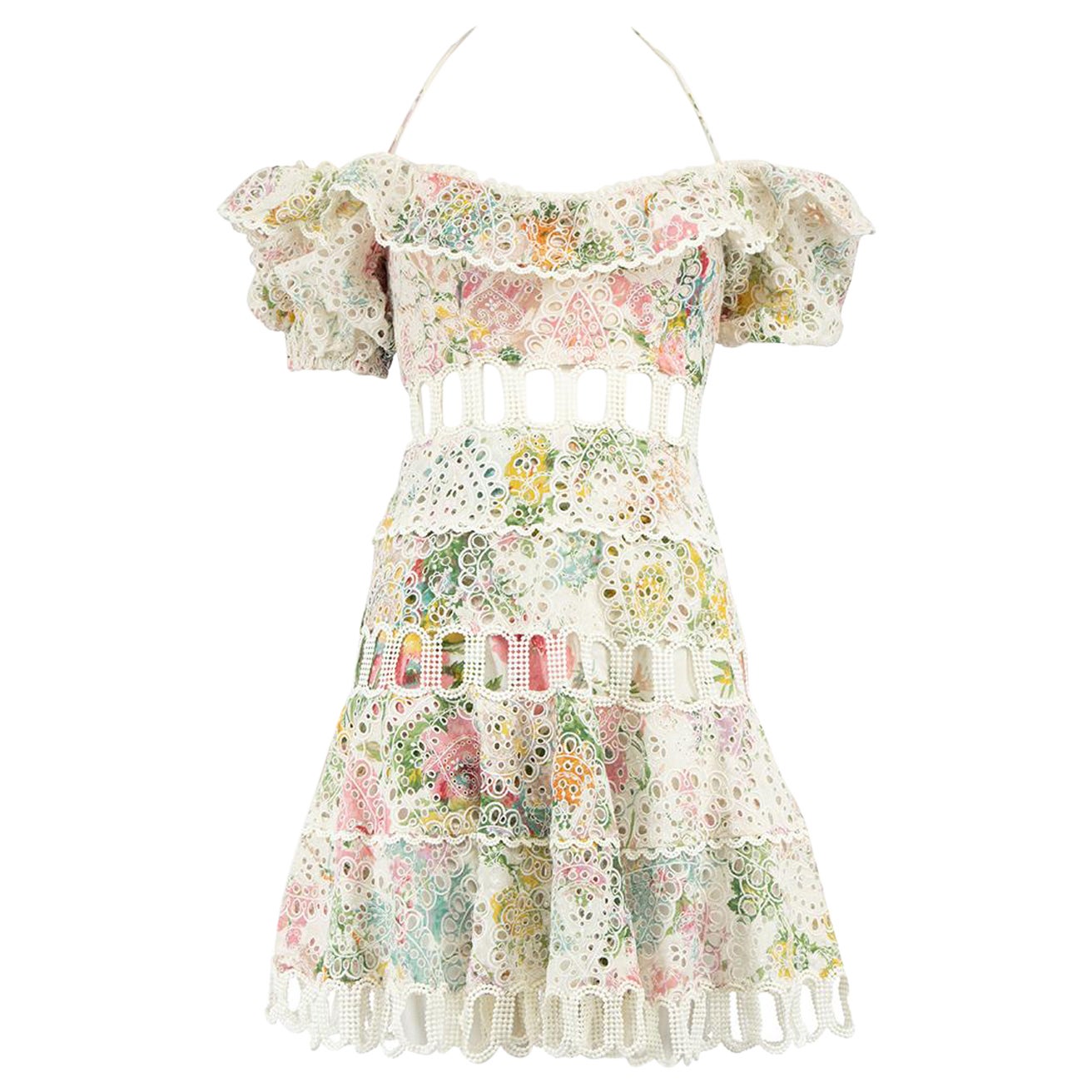 Zimmermann Floral Off Shoulder Lace Mini Dress Size M For Sale