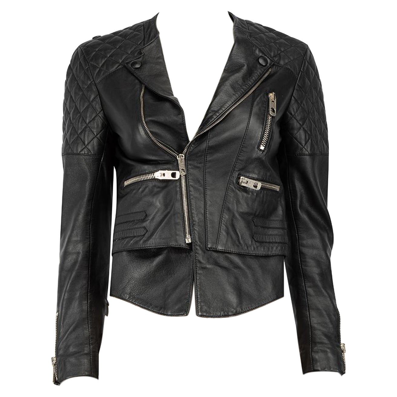 Women Philipp Plein Quilted Black Lambskin Genuine Leather Bomber Jacket