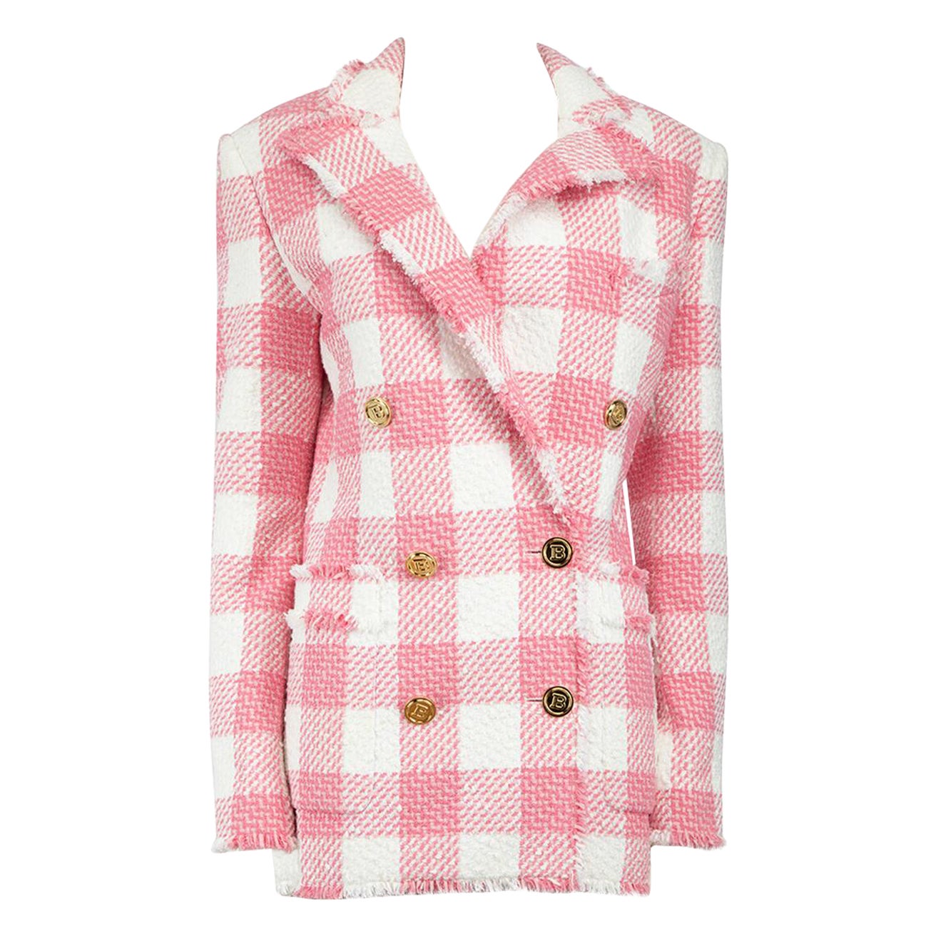 Balmain Pink Tweed Check Double Breast Blazer Size XS For Sale