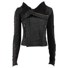 Rick Owens Black Leather Laced Sleeve Biker Jacket Size XS