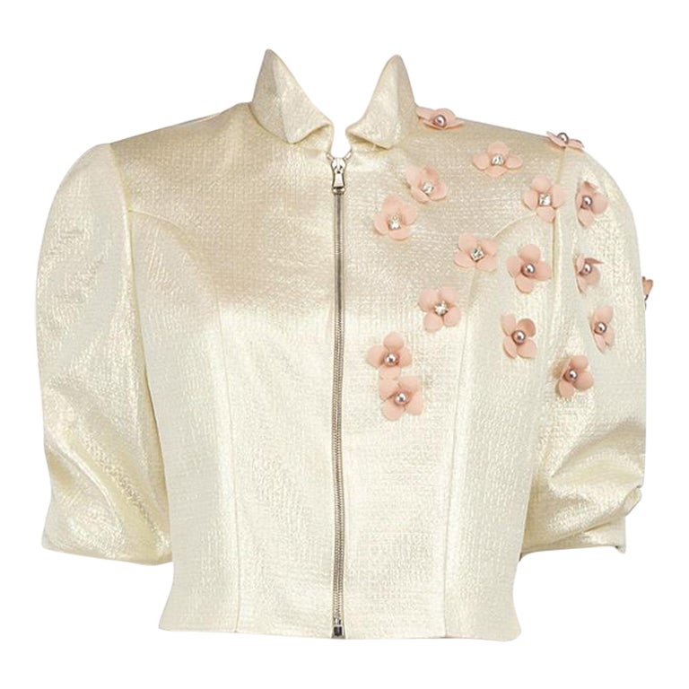 Reem Acra Ecru Metallic Floral Cropped Jacket Size XL For Sale