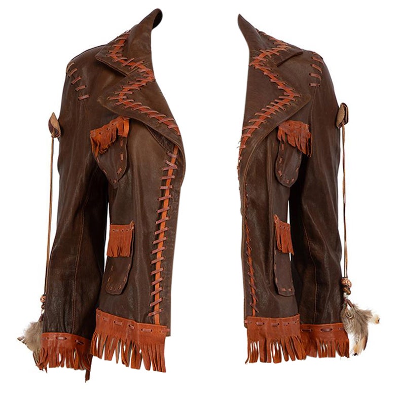 Dsquared2 Brown Leather Fringed Feather Jacket Size M For Sale