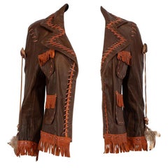 Dsquared2 Brown Leather Fringed Feather Jacket Size M
