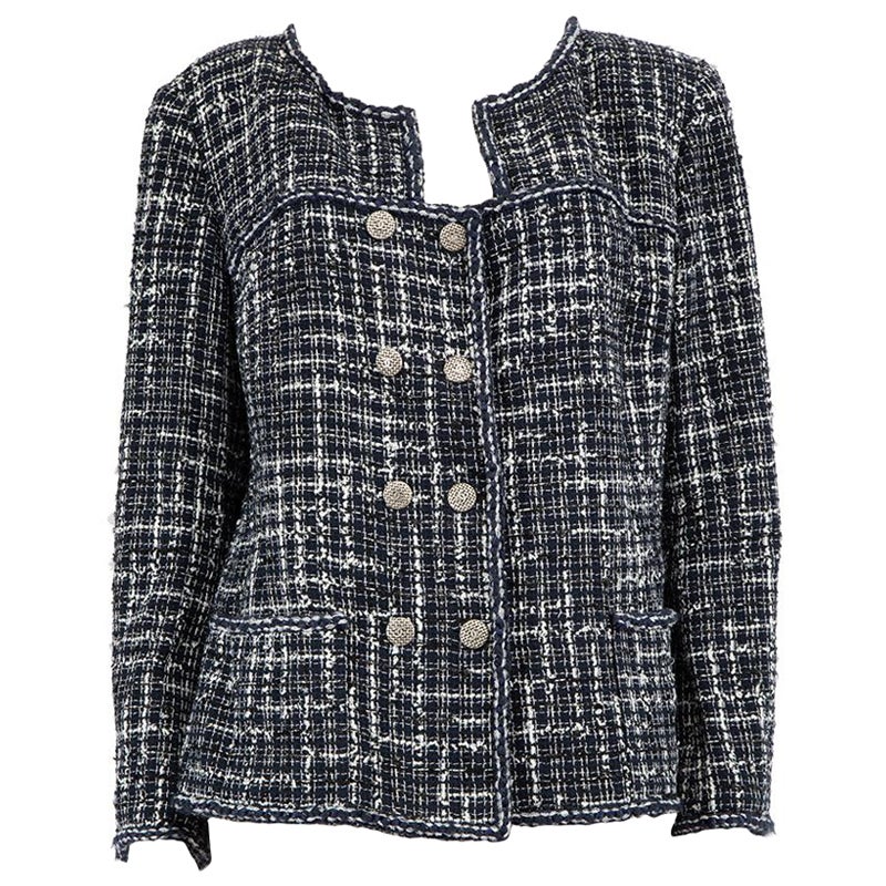 Chanel 2014 Navy Tweed Double Breasted Jacket Size 4XL For Sale