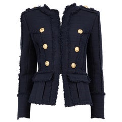 Balmain Navy Tweed Logo Button Jacket Size L