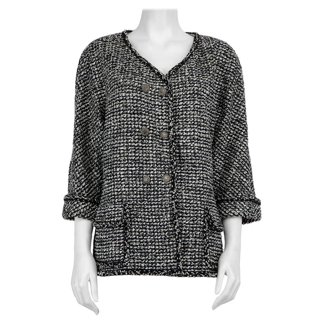 Chanel 2014 Black Tweed Double Breasted Jacket Size 4XL For Sale