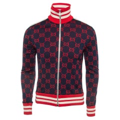 Gucci Navy Blue GG Jacquard Cotton Knit Zip Front Jacket XS