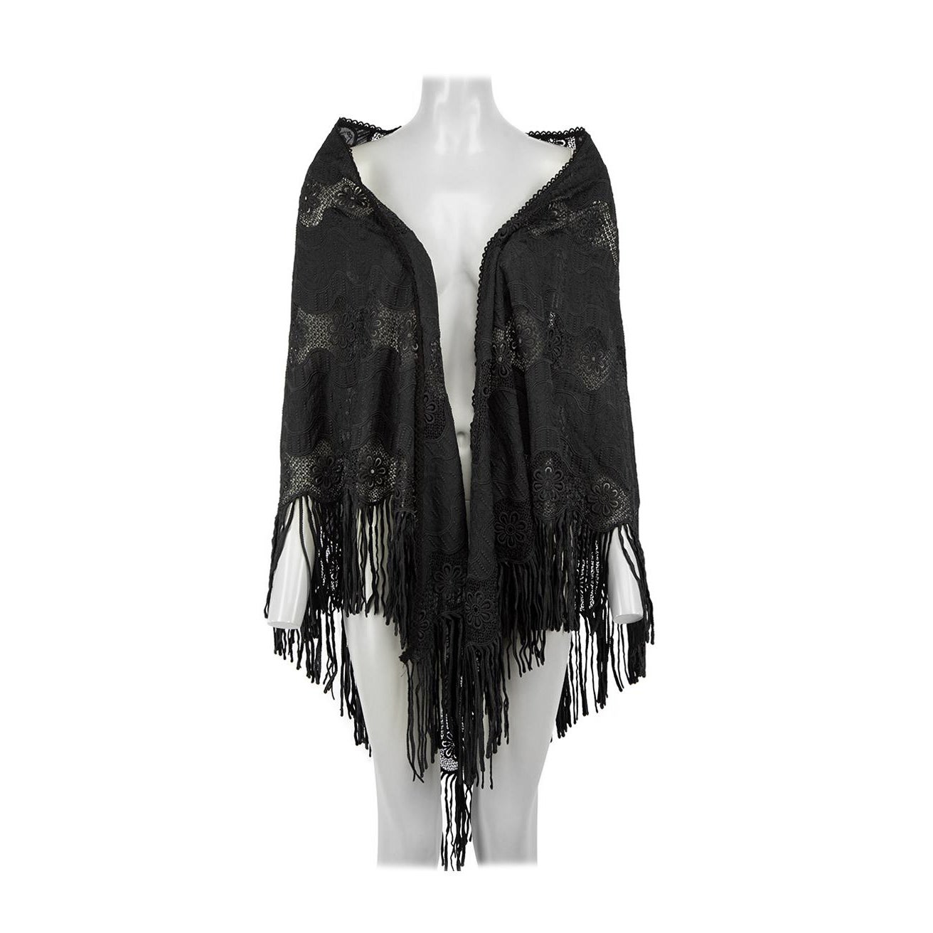 Miguelina Black Floral Lace Tassel Shawl For Sale