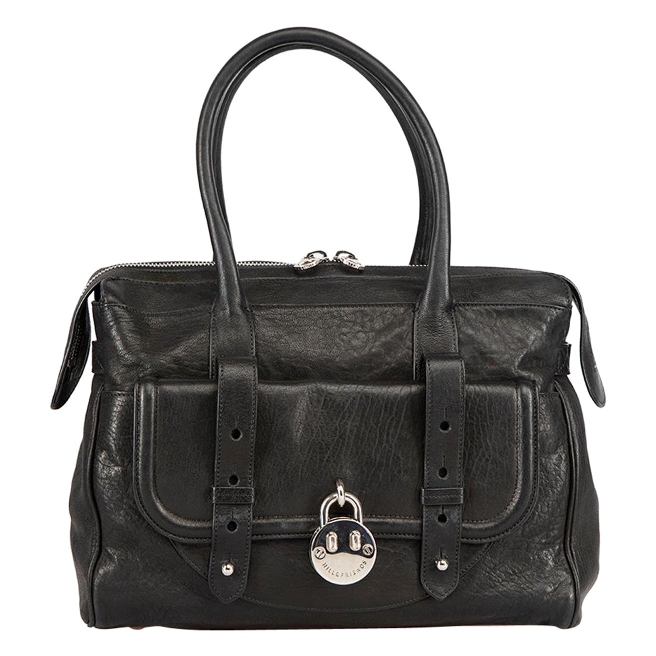 Hill & Friends Black Leather Smiley Lock Hand Bag For Sale