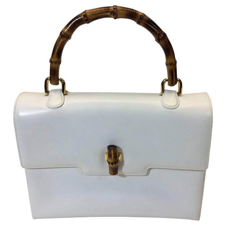 Gucci White Leather Handbag with Genuine Bamboo Strap For Sale at 1stdibs