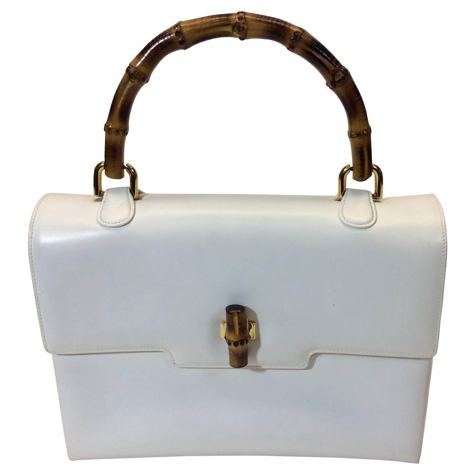 Gucci White Leather Handbag with Genuine Bamboo Strap For Sale