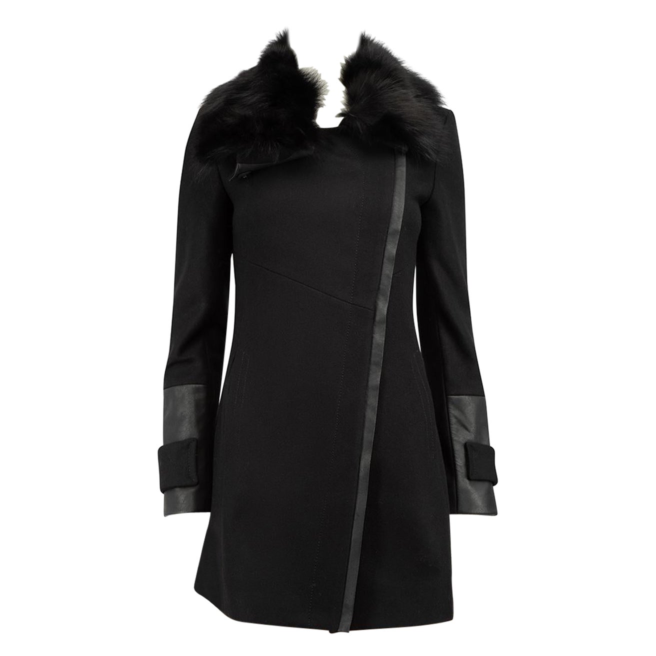 Pinko Black Wool Asymmetric Fur Collared Coat Size S For Sale