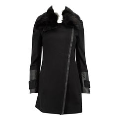Used Pinko Black Wool Asymmetric Fur Collared Coat Size S