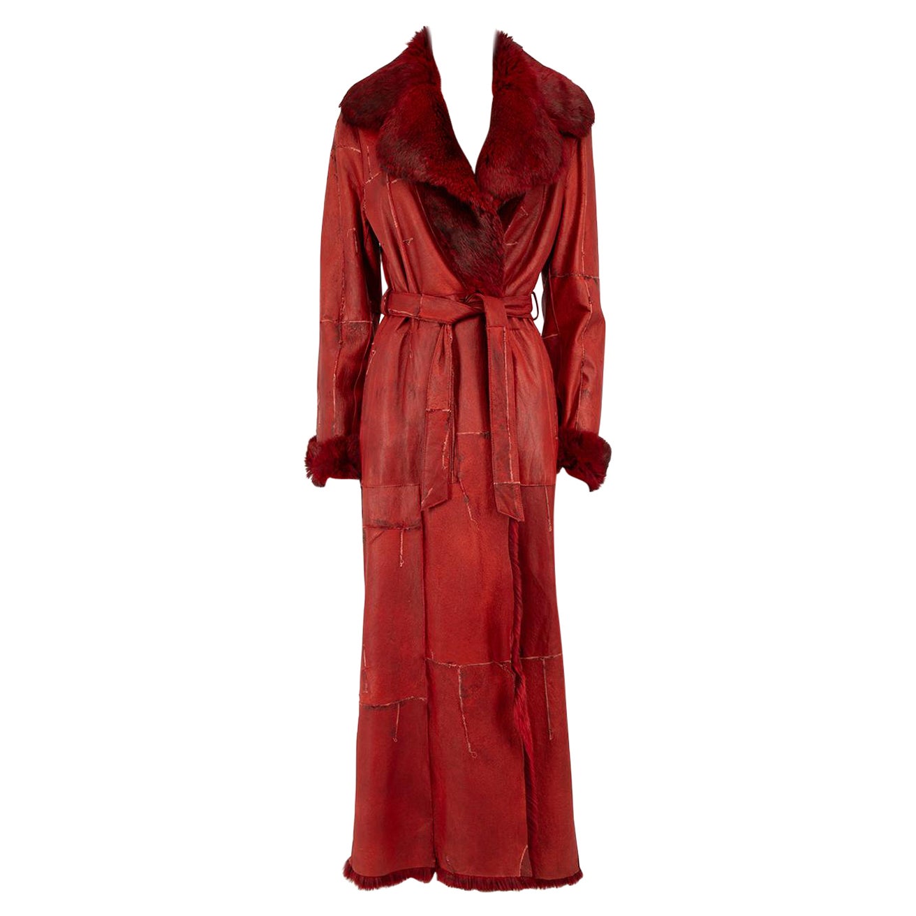 Santacroce Firenze Red Fur Lined Distressed Coat Size S For Sale