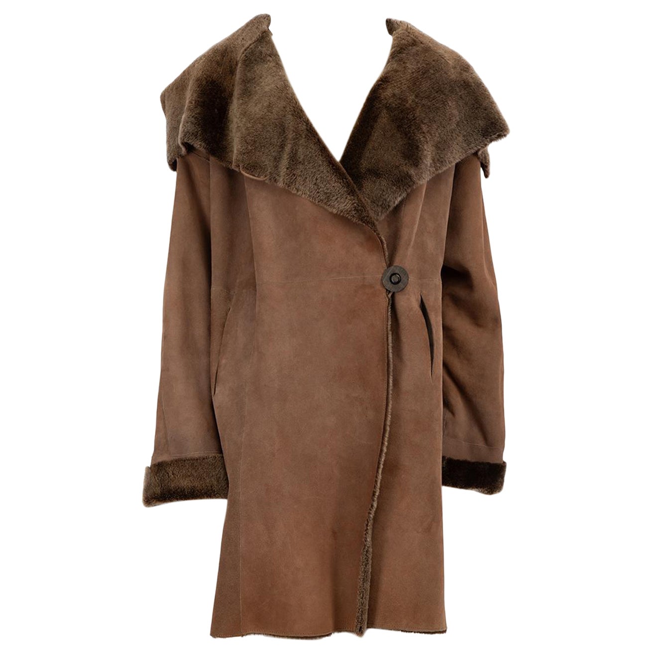 Canadienne Brown Suede Shearling Fur Lined Coat Size M For Sale