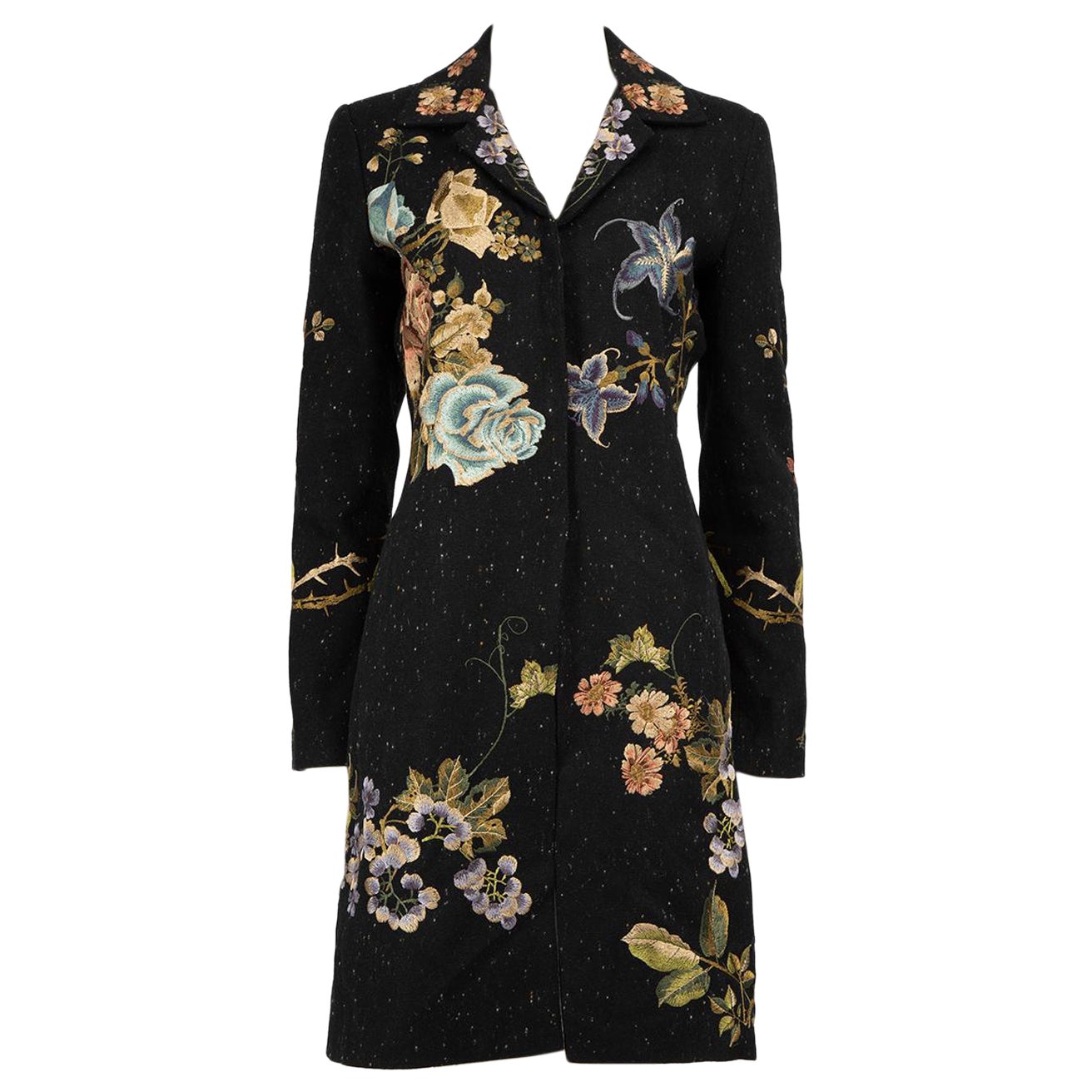 Biya Black Wool Floral Mid Length Coat Size S For Sale