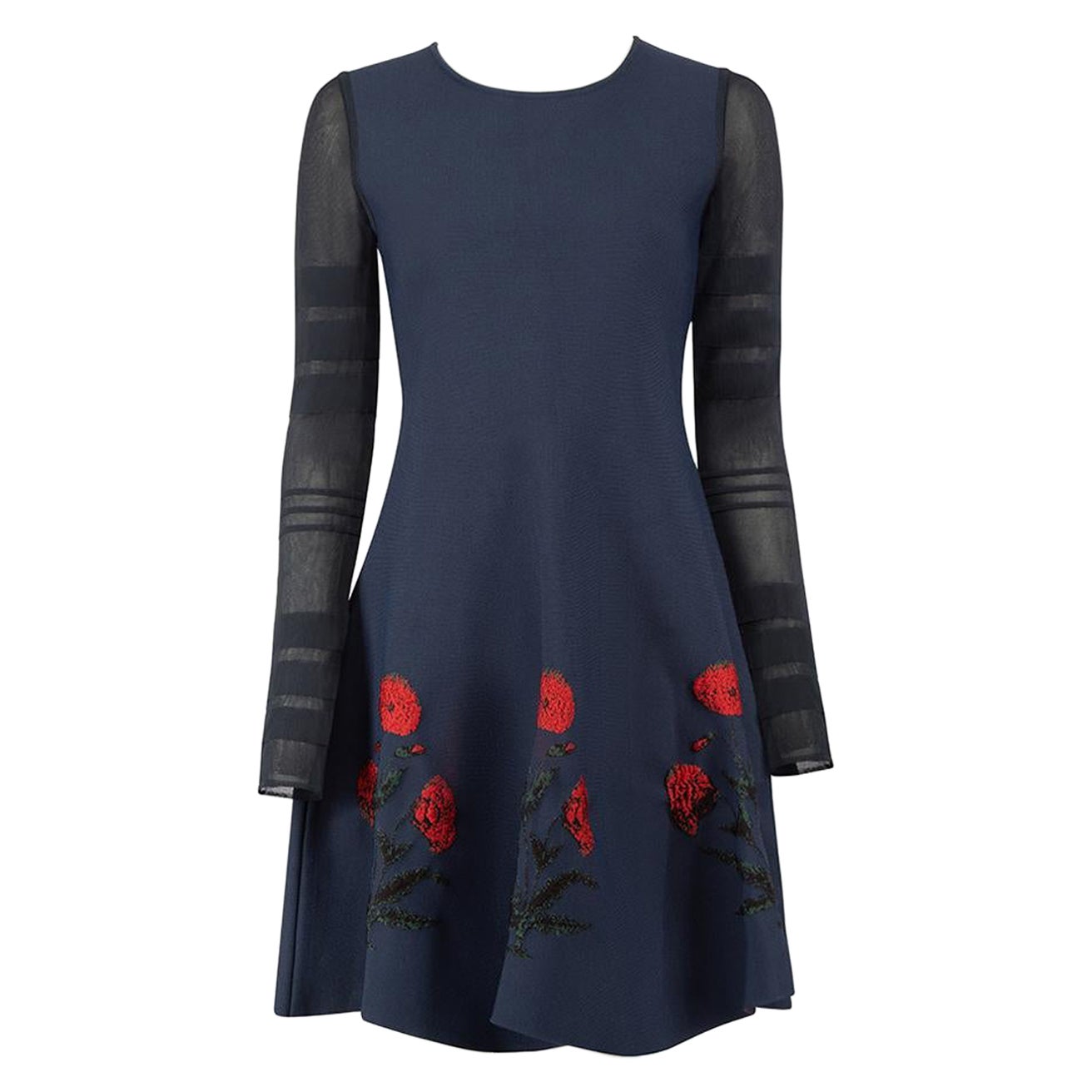 Oscar de la Renta Navy Stretch-Knit Poppy Accent Dress Size L For Sale