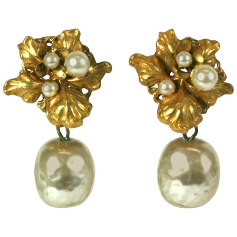 Miriam Haskell Gilt Iris and Faux Pearl Earrings