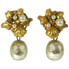 Miriam Haskell Gilt Iris and Faux Pearl Earrings