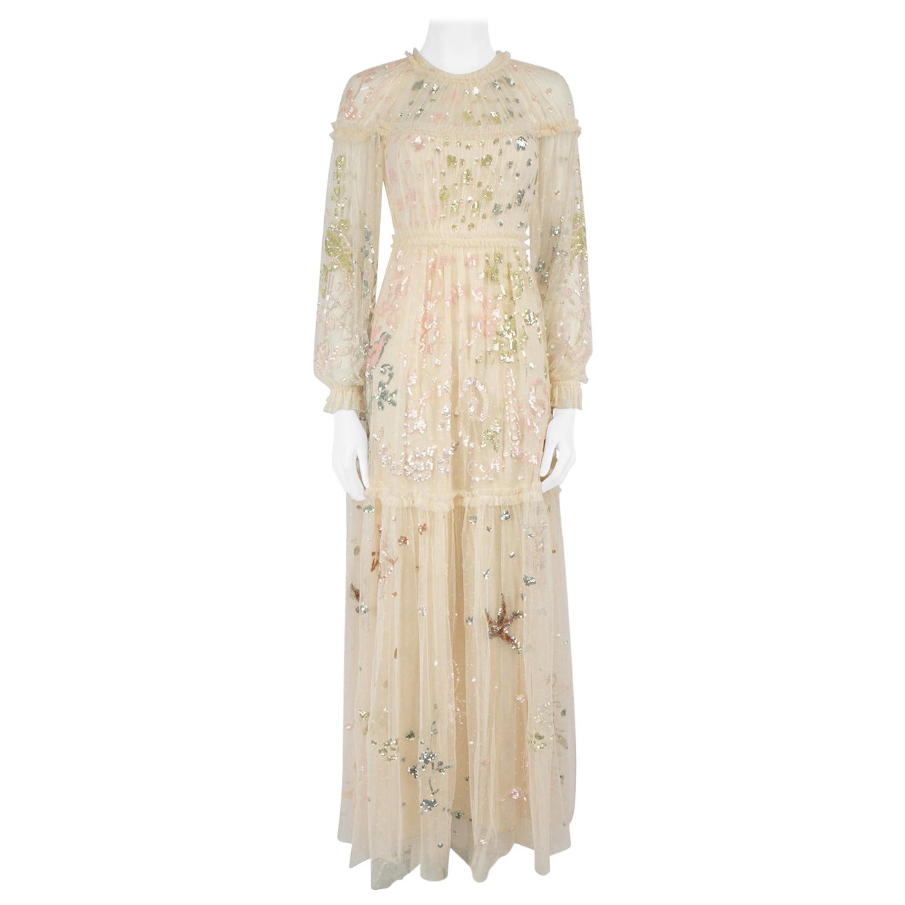Needle & Thread Ecru Floral Sequin Maxi Dress Size XS en vente
