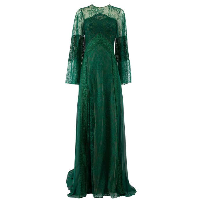 Honayda A/W22 Green Lace Long Sleeve Gown Size M For Sale at 1stDibs